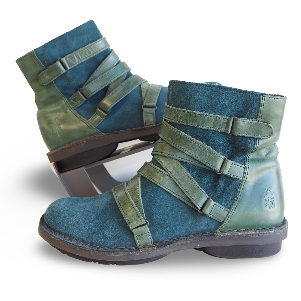 Fly London Womens 39 Teal Green Suede Leather Strappy Ankle Boots Side Zip